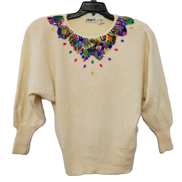 diani Sweaters - Diani Women's Vintage Bejeweled Beaded Cream Sweater Size L Silk Angora Wool 80s